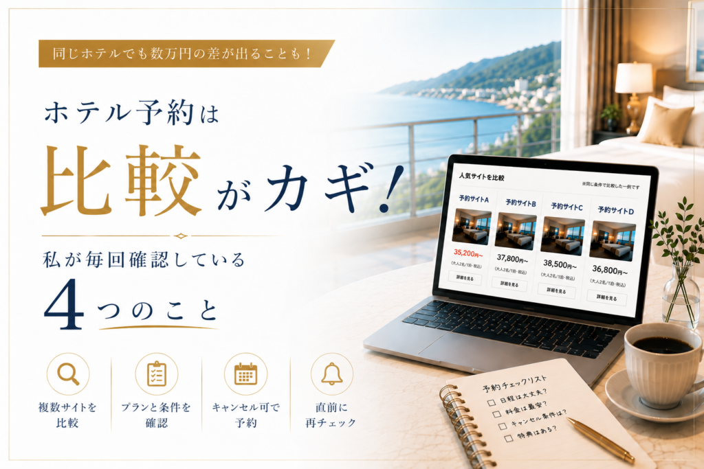 ホテル予約は比較がカギ！私が毎回確認している4つのことを紹介するアイキャッチ画像